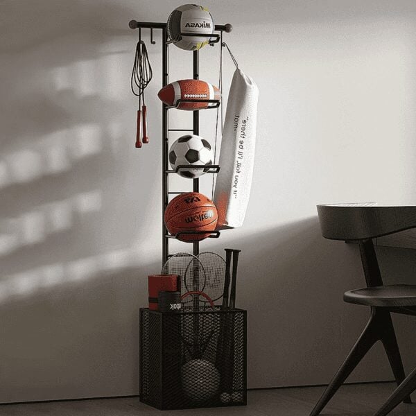 High-quality sports equipment storage rack with soccer balls, boxing gloves, badminton rackets, and jump ropes.