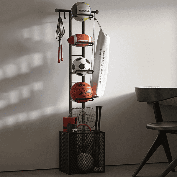 High-quality sports equipment storage rack with soccer balls, boxing gloves, badminton rackets, and jump ropes.