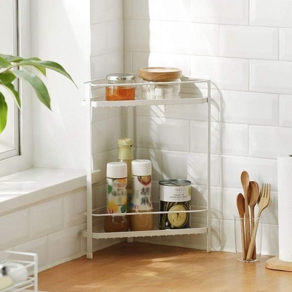 Bright kitchen shelf with condiments and utensils, modern minimalist interior decor.