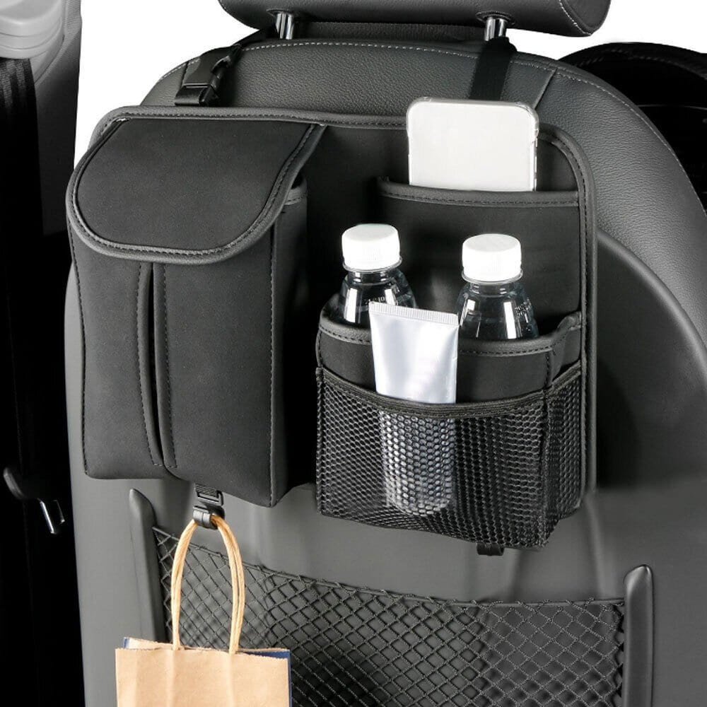 Car Back Seat Organizer holding bottles, phone, and tissues in pockets and purse on hanger