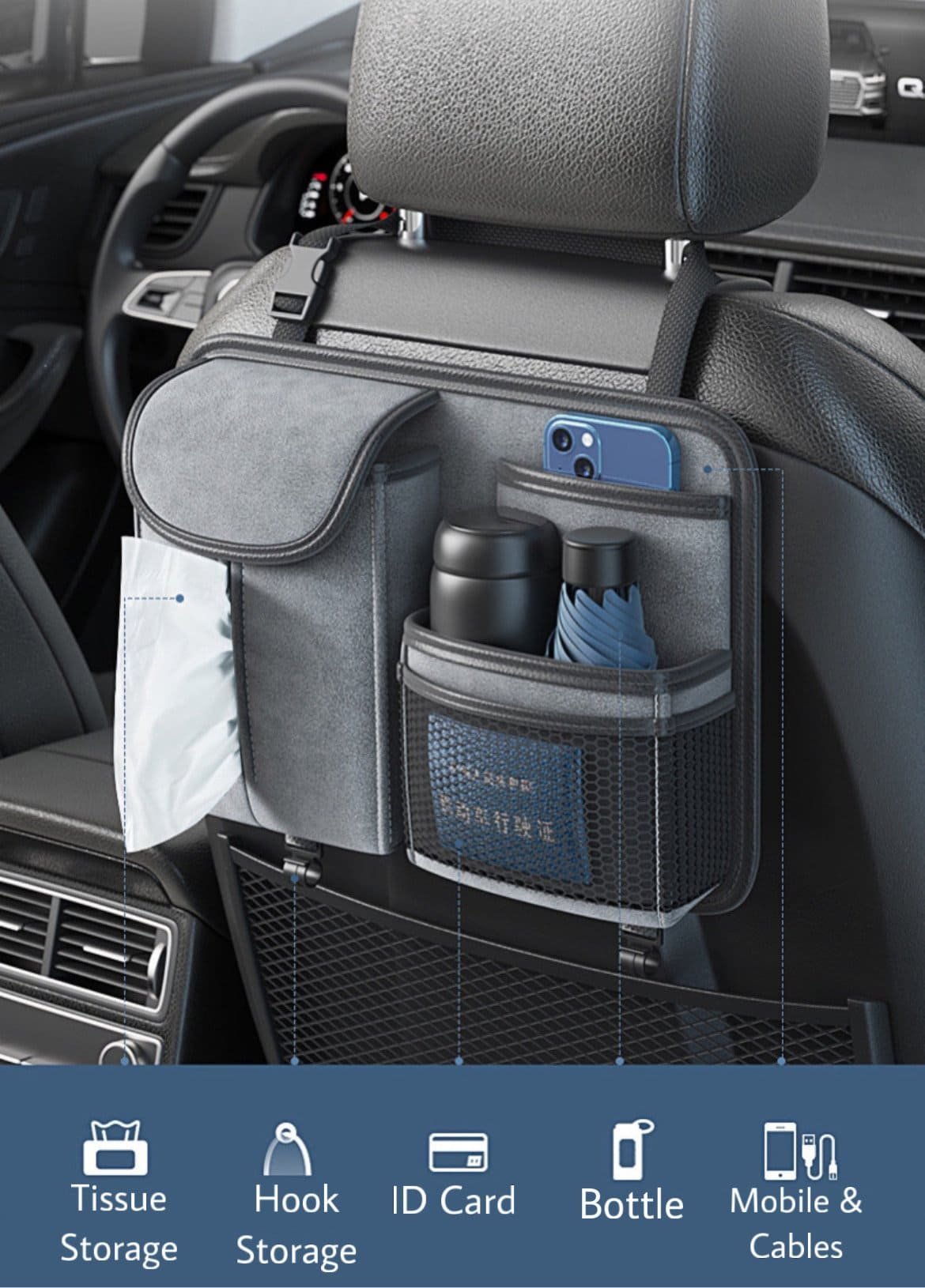 Front seat car organizer with tissue, phone and bottle storage, ideal for travel efficiency.