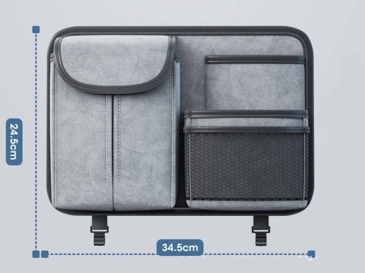 Light gray and black travel organizer with multiple compartments and zippers, ideal for packing and storage.