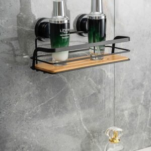 Arsi Studio vacuum suction shelf installed in modern bathroom