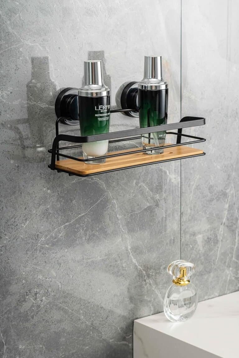 Arsi Studio vacuum suction shelf installed in modern bathroom