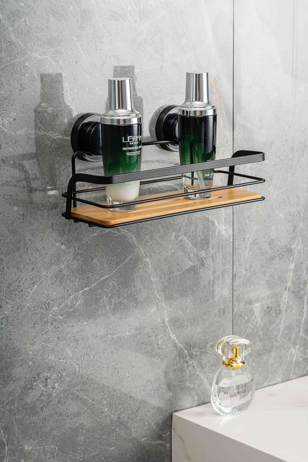 Arsi Studio vacuum suction shelf installed in modern bathroom