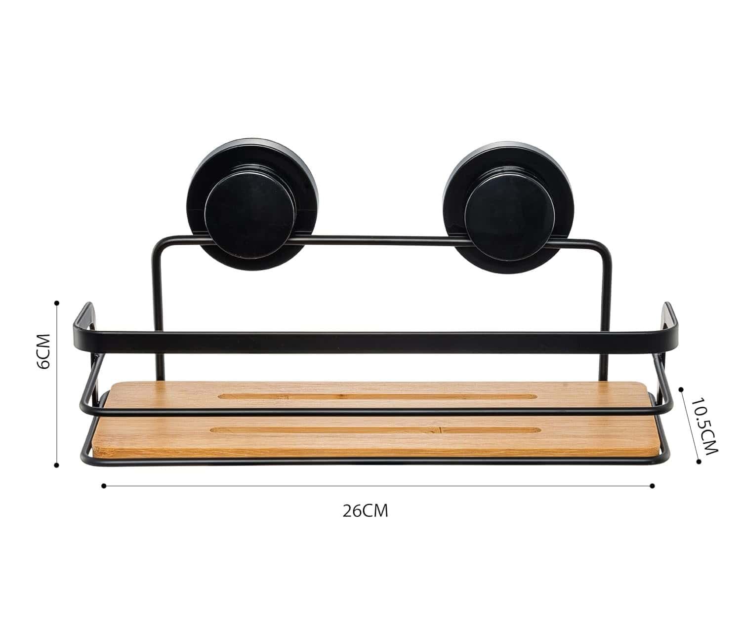 Sleek suction bathroom organizer for toiletries showing measurments