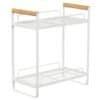 Modern white metal multi-tier shoe rack with wooden handles.