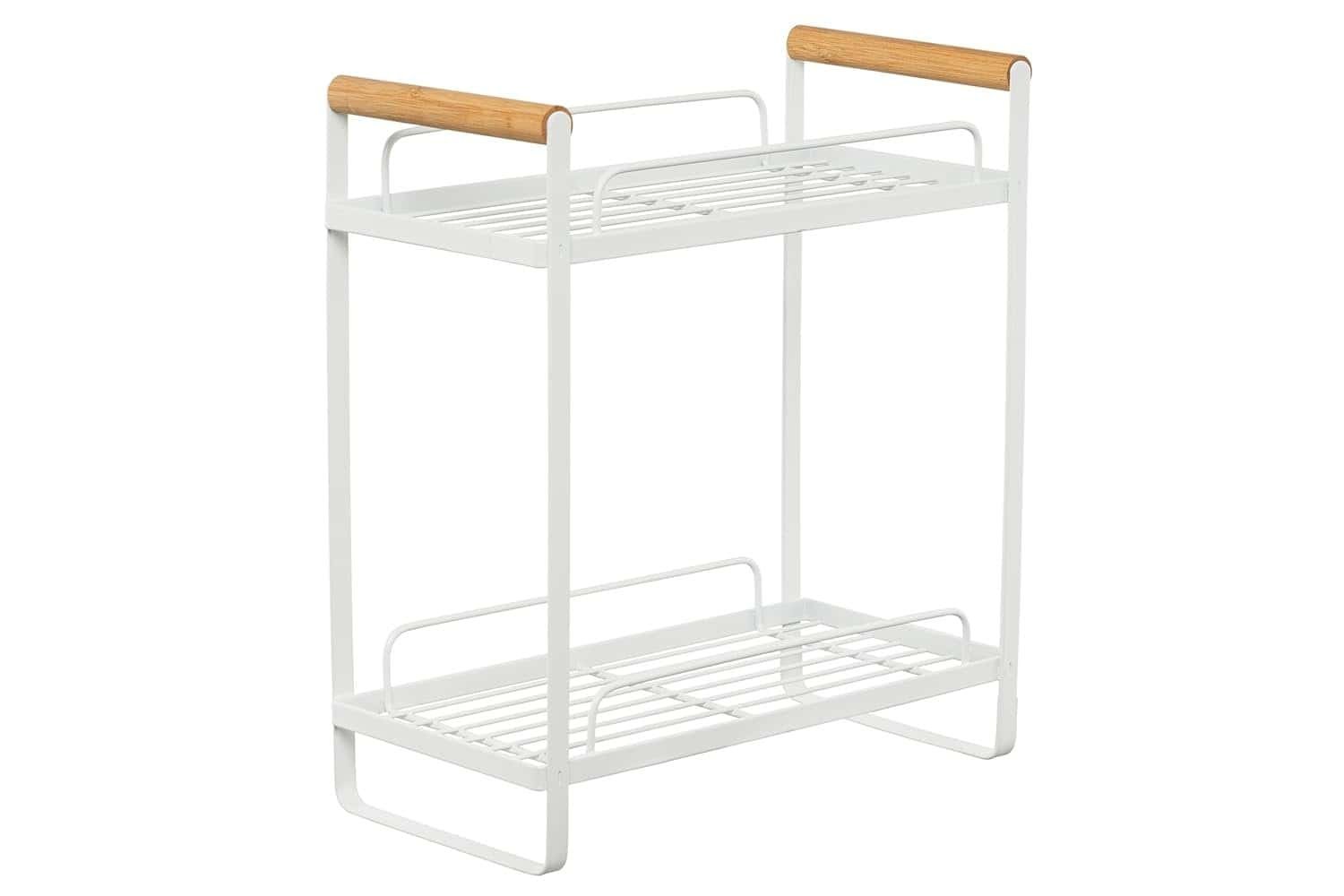 Modern white metal multi-tier shoe rack with wooden handles.