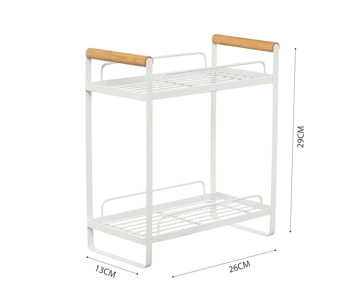 White metal shoe rack with wooden handles, compact and stylish.