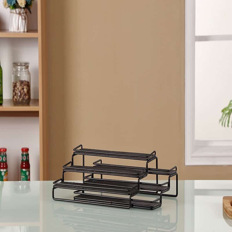 Stackable black wire kitchen spice and utensil racks, modern organization storage solution.