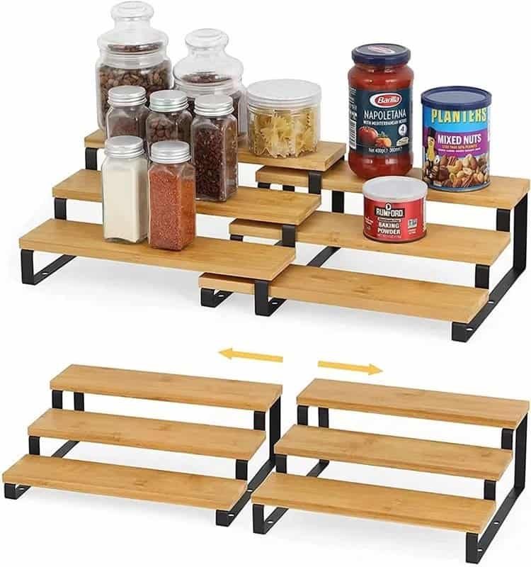 Stackable wooden spice rack organizer with black metal frame for kitchen storage.