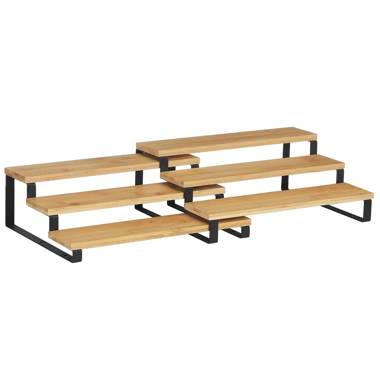 Rustic wood and black metal layered shoe rack with multiple tiers for organization.