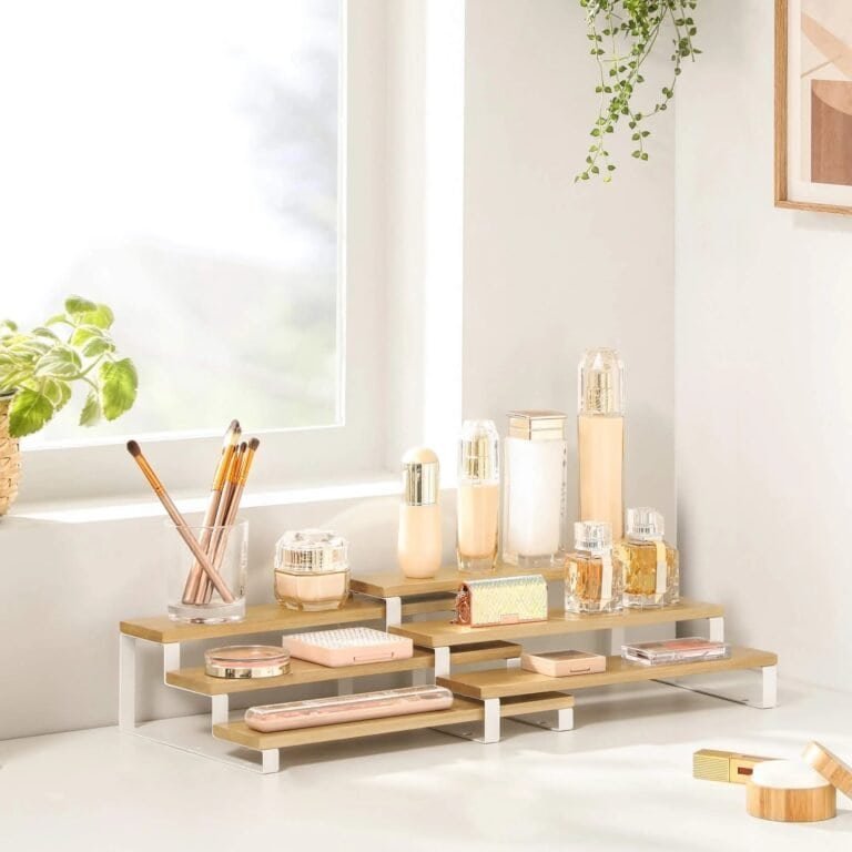 Elegant vanity organizer with skincare and beauty products for a modern, aesthetic bathroom or vanity setup.