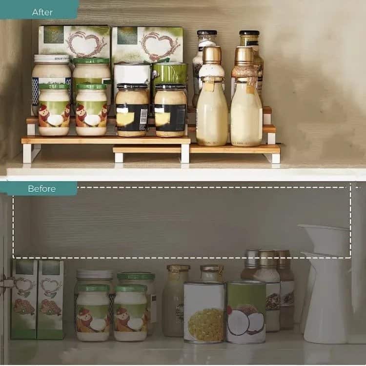 Jars of organized pantry ingredients on a stylish wooden shelf, after closet organization by Arsi Studio.