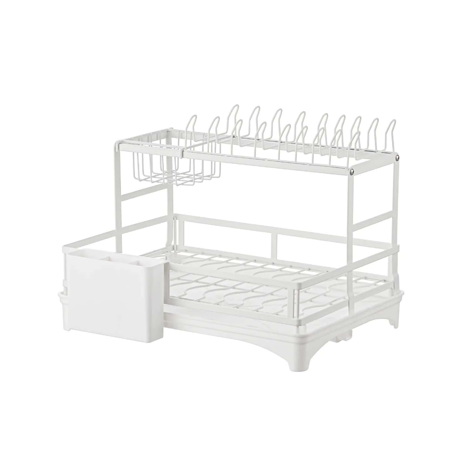 Dish drying rack with utensil holder and cutlery drawer, white kitchen organizer.
