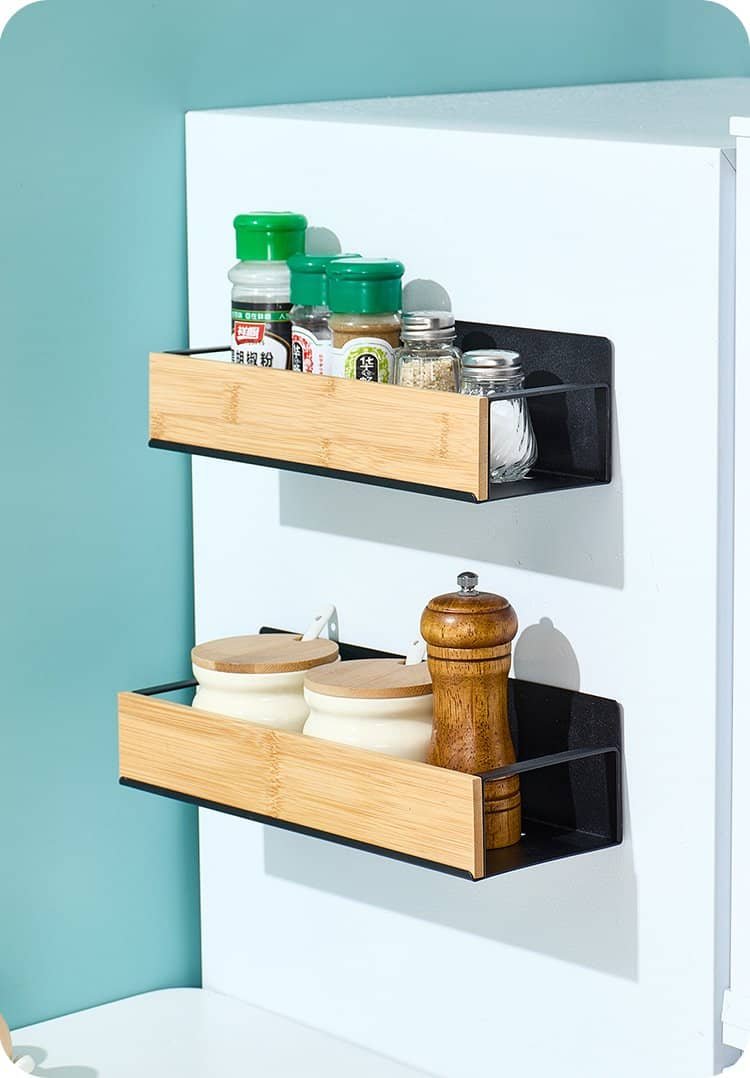 Multi-purpose bamboo magnetic shelf on refrigerator door
