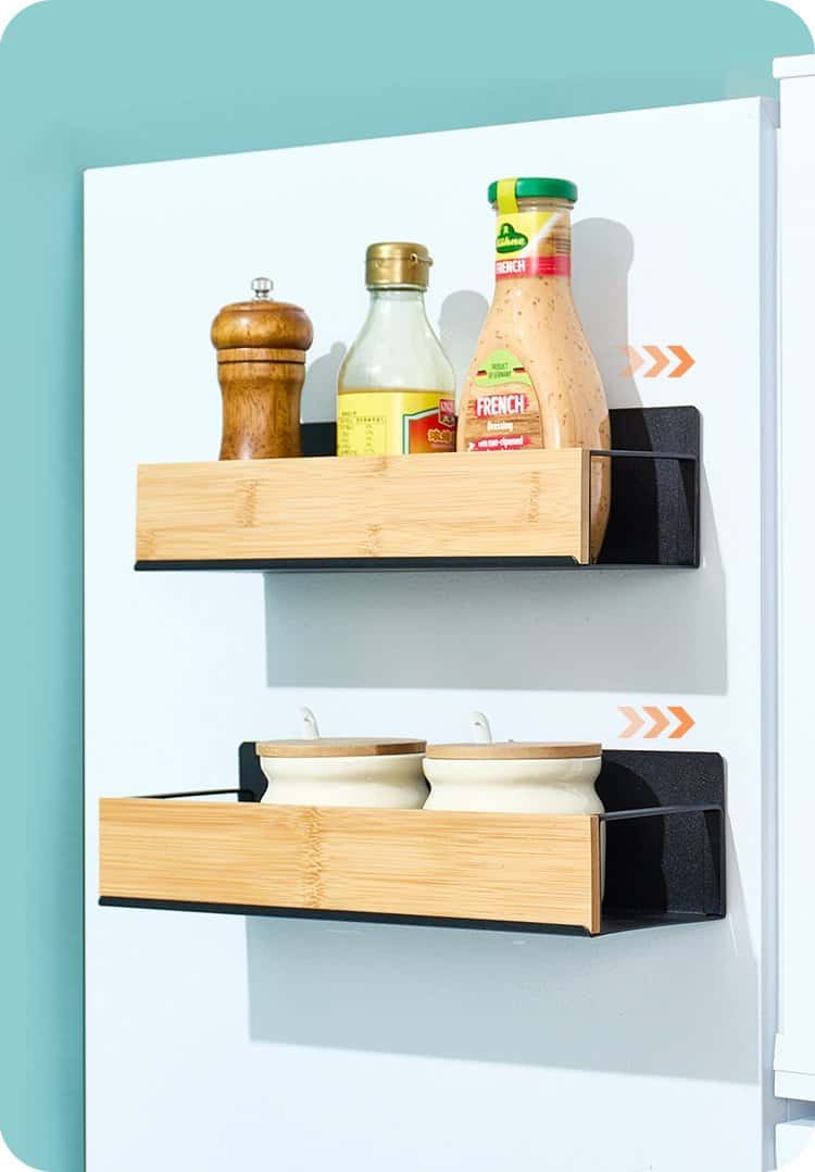 Minimalist bamboo magnetic organizer with jars and bottles