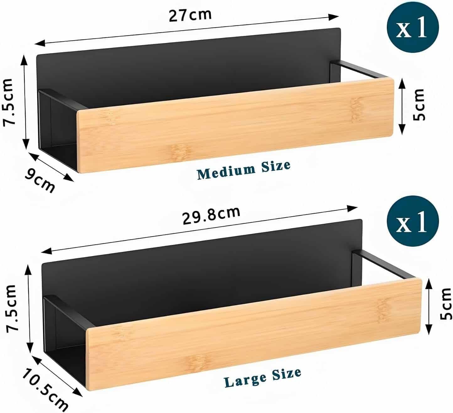 Wooden storage shelf with black interior and natural wood finish, available in medium and large sizes.