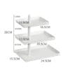 White multi-tiered display stand with measurements for retail or promotional use, ideal for organizing products.