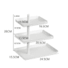White multi-tiered display stand with measurements for retail or promotional use, ideal for organizing products.