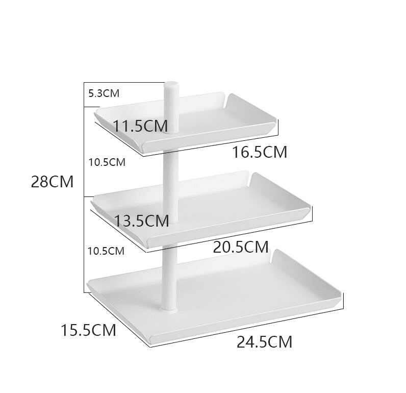 White multi-tiered display stand with measurements for retail or promotional use, ideal for organizing products.