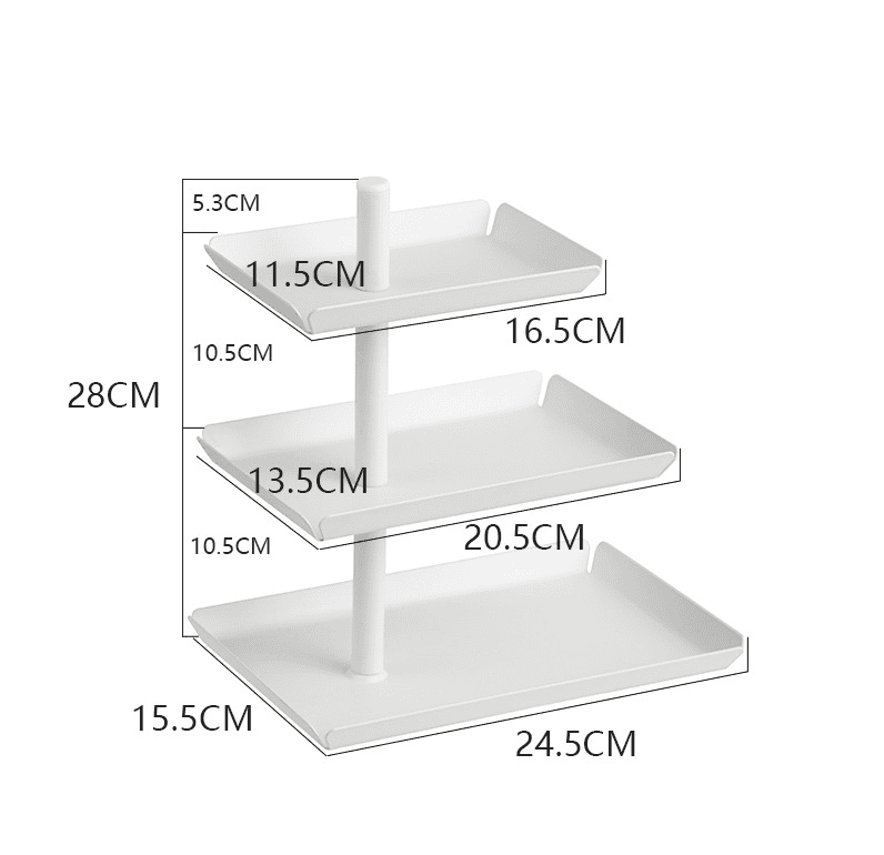 White multi-tiered display stand with measurements for retail or promotional use, ideal for organizing products.
