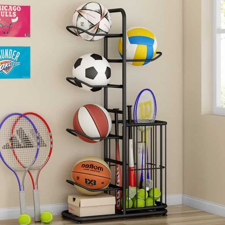 Black ball rack organizer neatly storing footballs and basketballs in a modern room