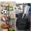 Black ball rack organizer neatly storing footballs and basketballs in a modern room