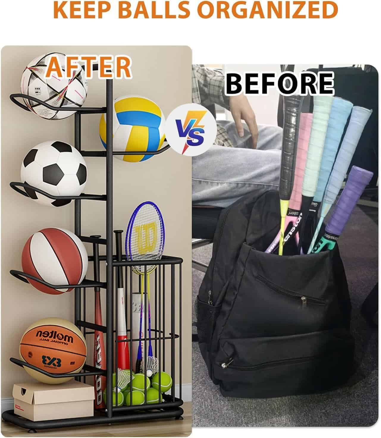 Black ball rack organizer neatly storing footballs and basketballs in a modern room