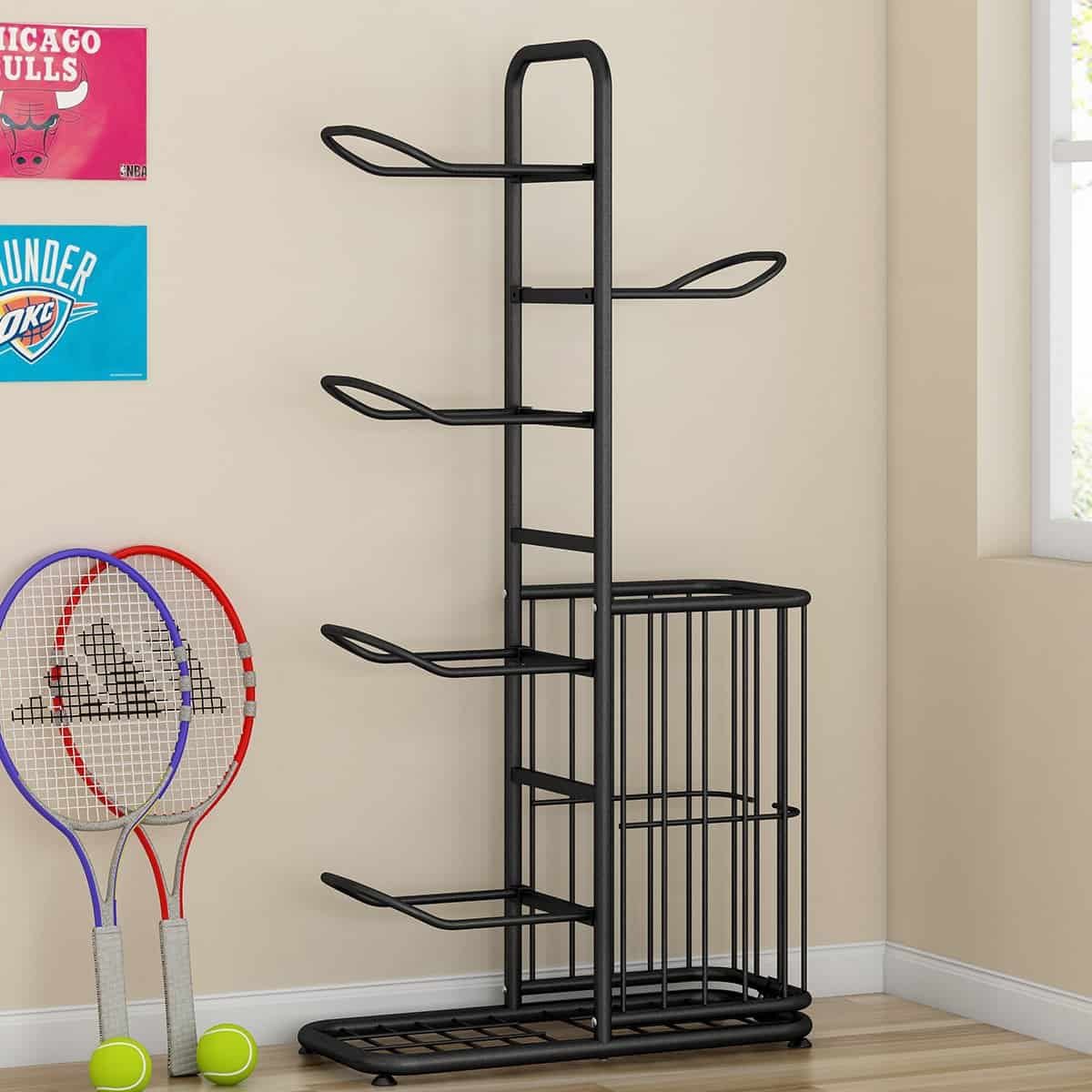 Black ball rack organizer neatly storing footballs and basketballs in a modern room