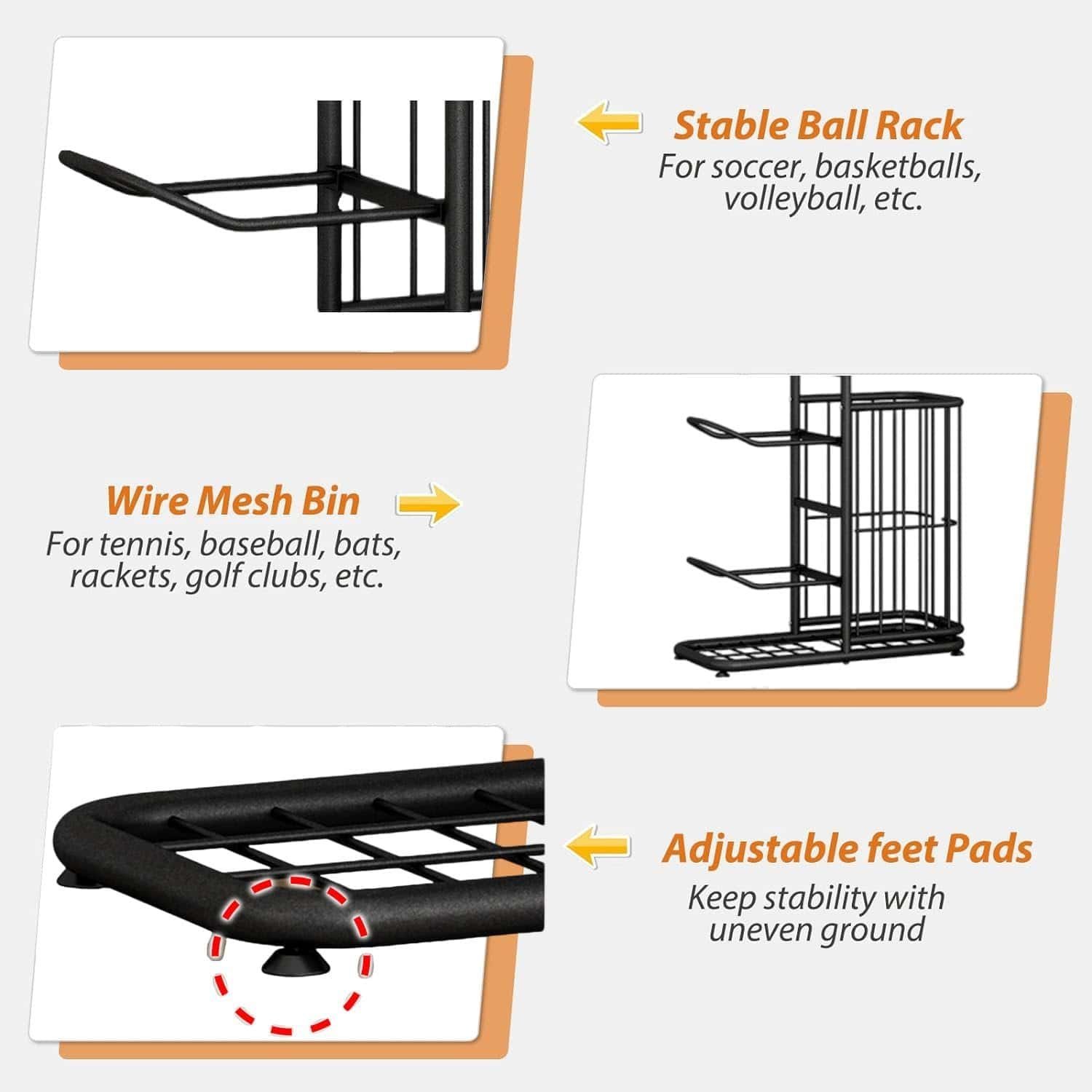 Black ball rack organizer neatly storing footballs and basketballs in a modern room