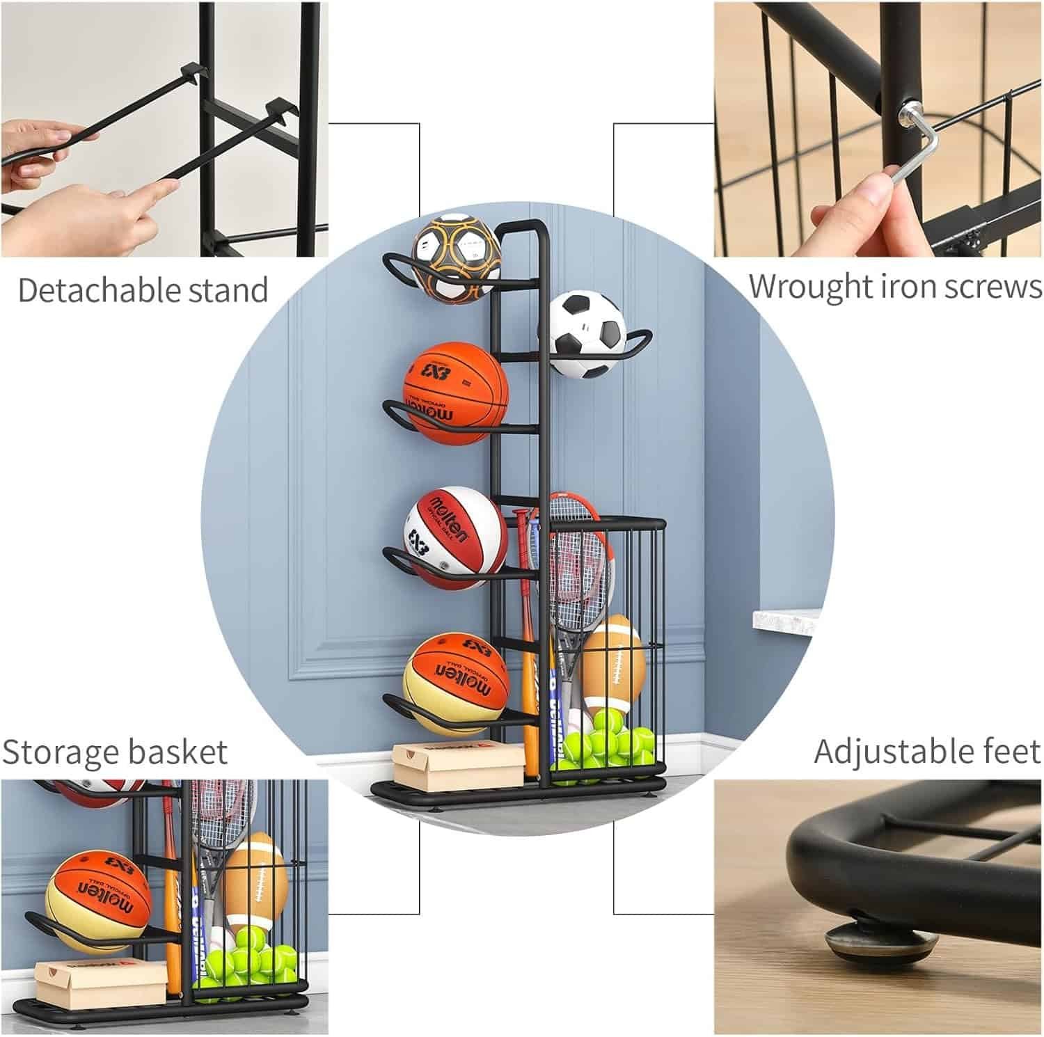 Black ball rack organizer neatly storing footballs and basketballs in a modern room