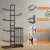 Black ball rack organizer neatly storing footballs and basketballs in a modern room