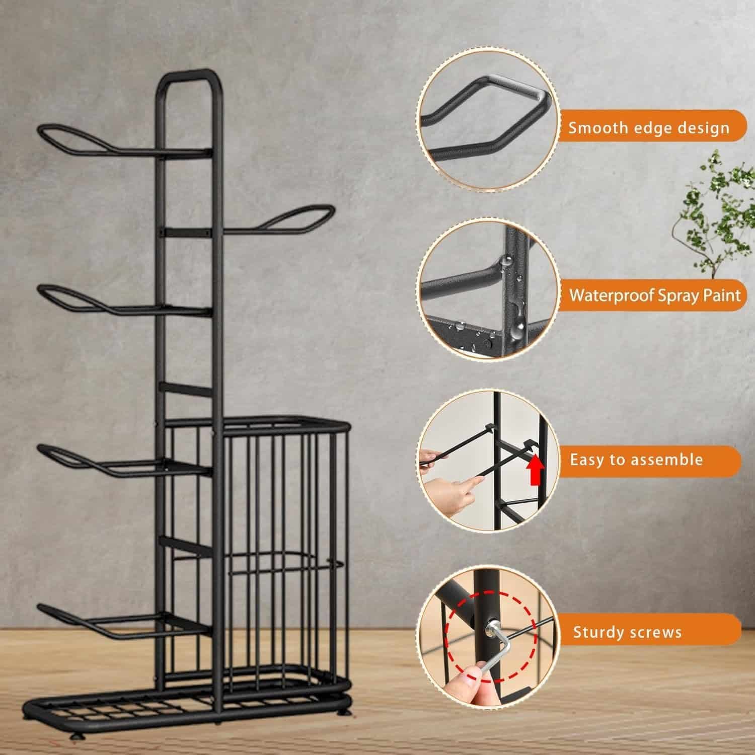 Black ball rack organizer neatly storing footballs and basketballs in a modern room