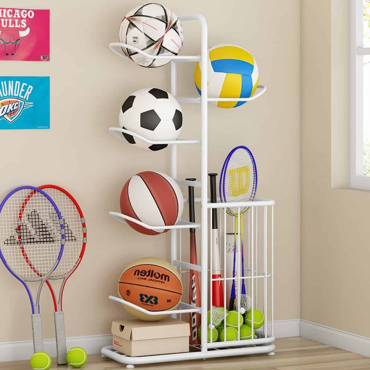 White ball rack organizer neatly storing footballs and basketballs in a modern room