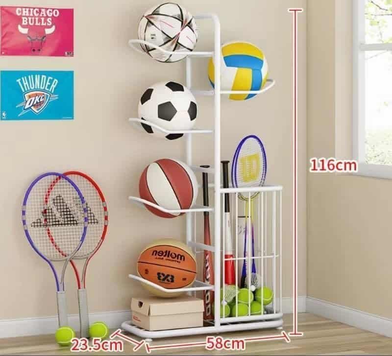 White ball rack organizer neatly storing footballs and basketballs in a modern room