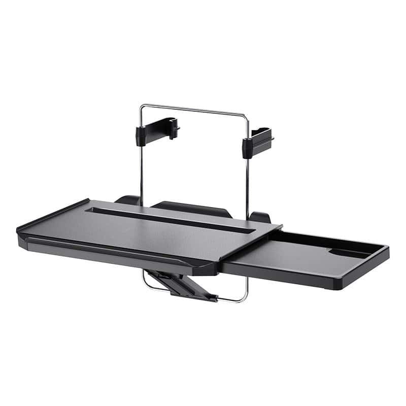 Black foldable backseat tray table with sliding drawer and metal arms.