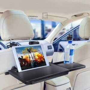 Backseat tray table holding a tablet and water bottle, perfect for travel entertainment.