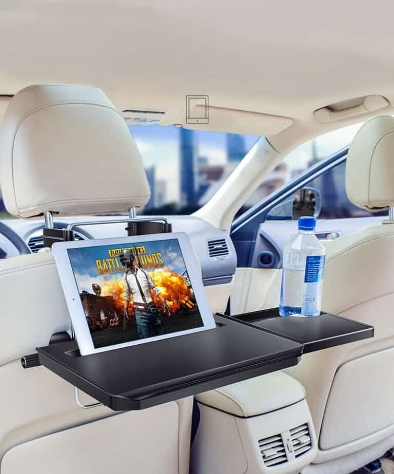 Backseat tray table holding a tablet and water bottle, perfect for travel entertainment.