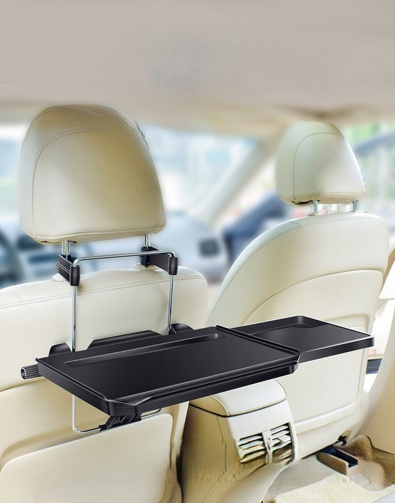 Adjustable car backseat tray table with extended dual-surface design.