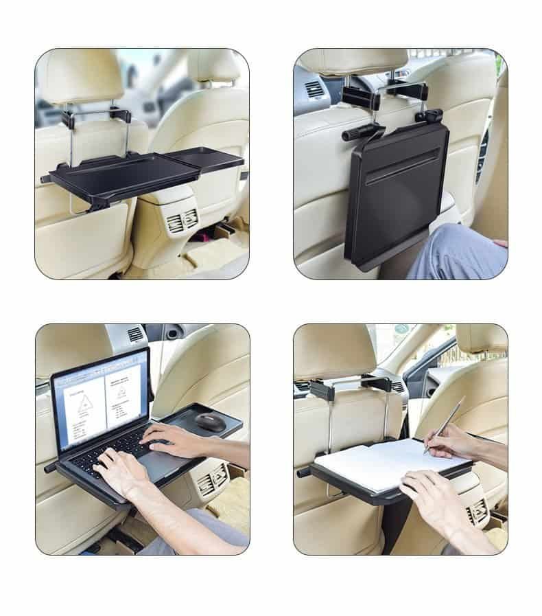 Car backseat tray used for laptop work, note-taking, and compact storage.