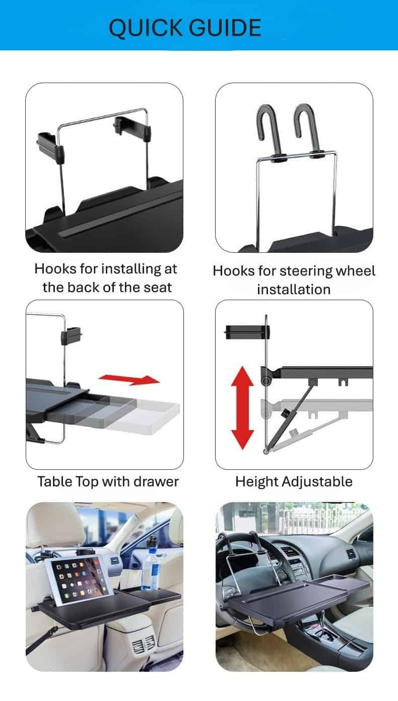 Step-by-step guide showing how to install and adjust the car tray table.
