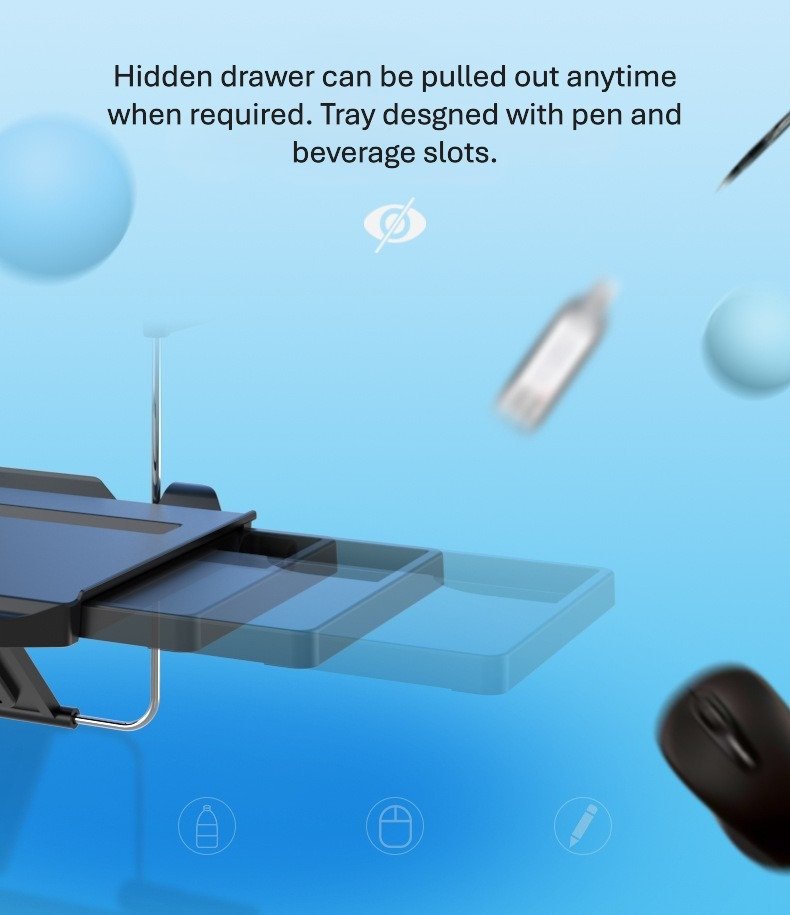 Car tray table with hidden drawer for storing pens, drinks, and gadgets.