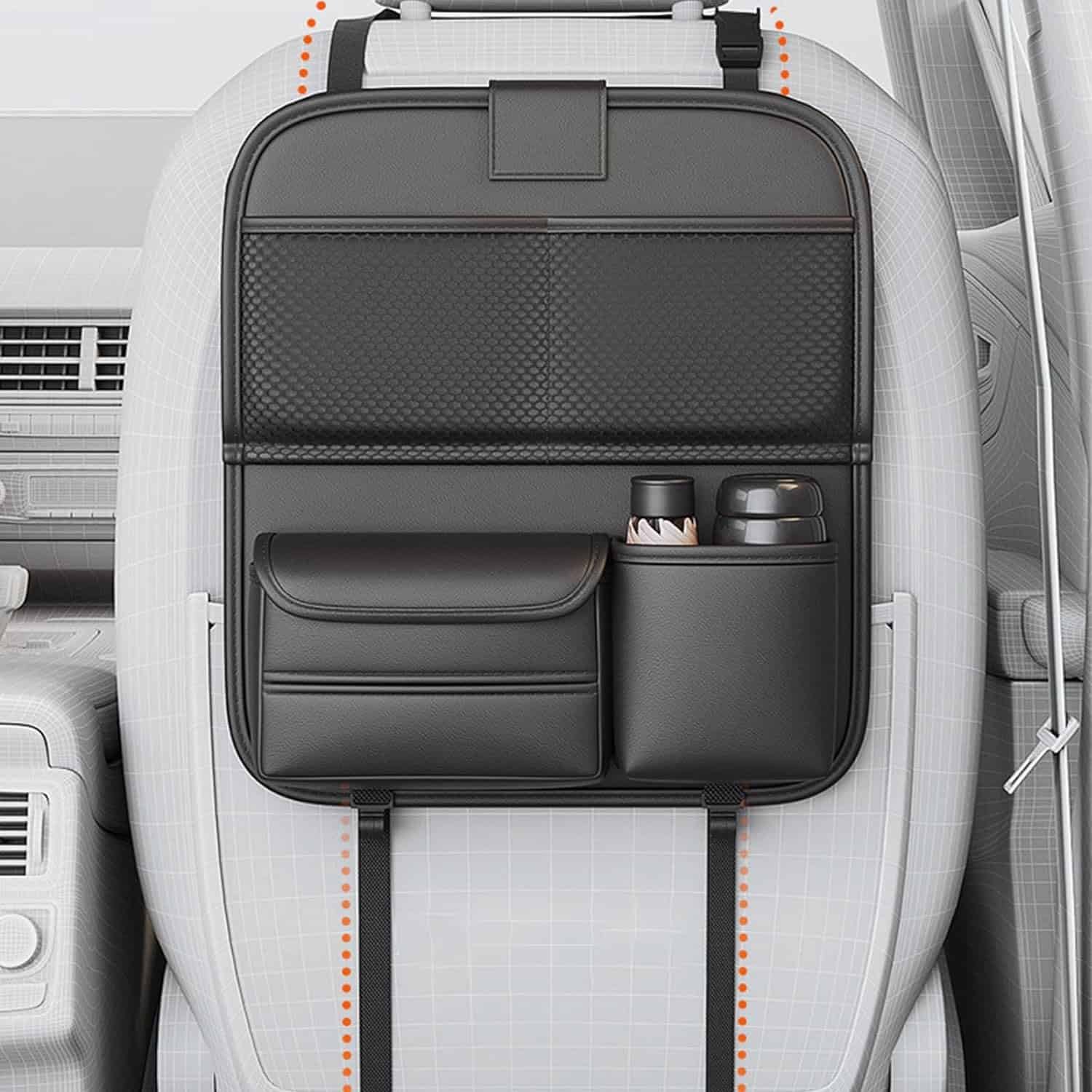 Black leather back seat organizer with cup holder, tray table, and storage pockets.