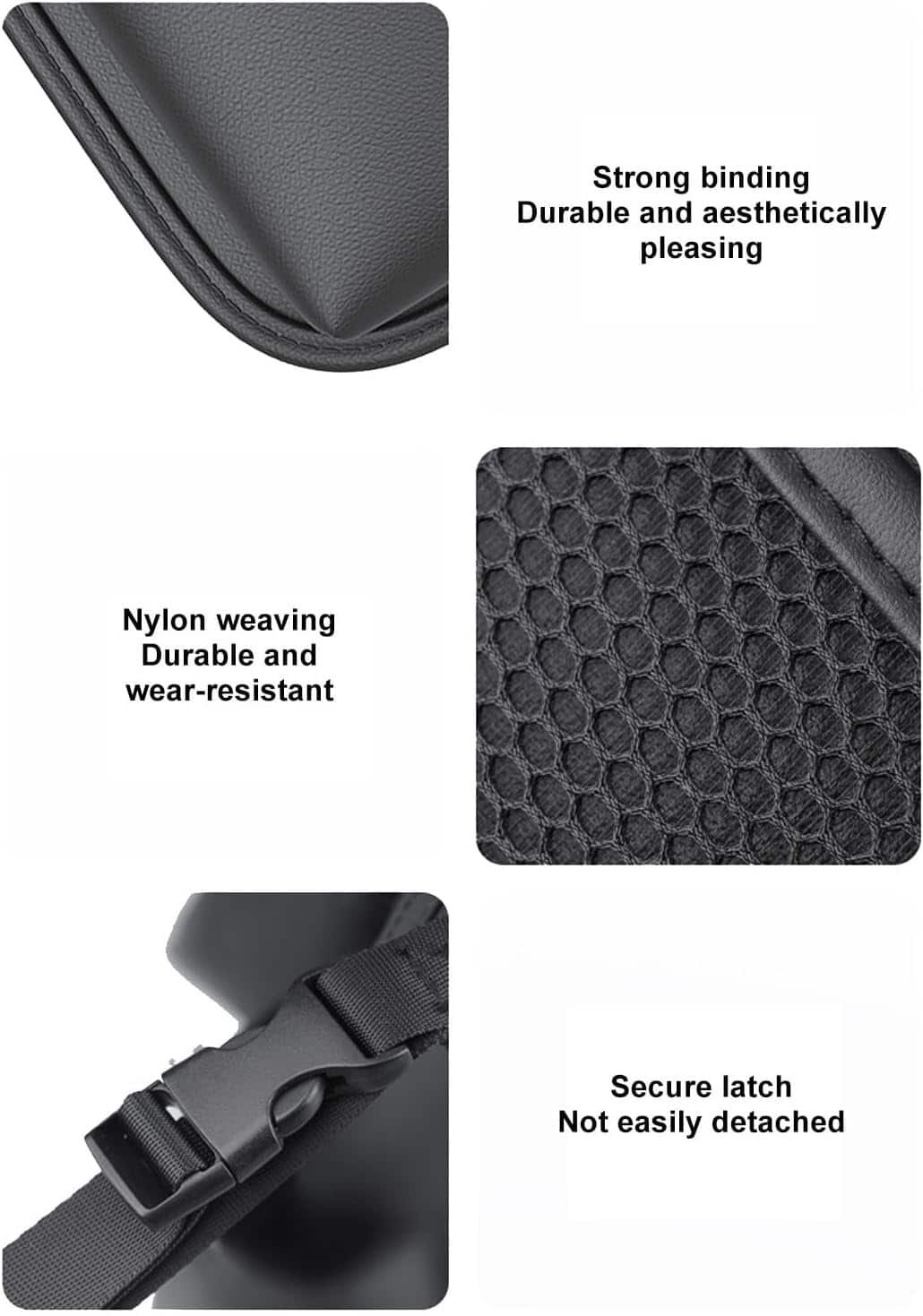 Black leather back seat organizer with cup holder, tray table, and storage pockets.