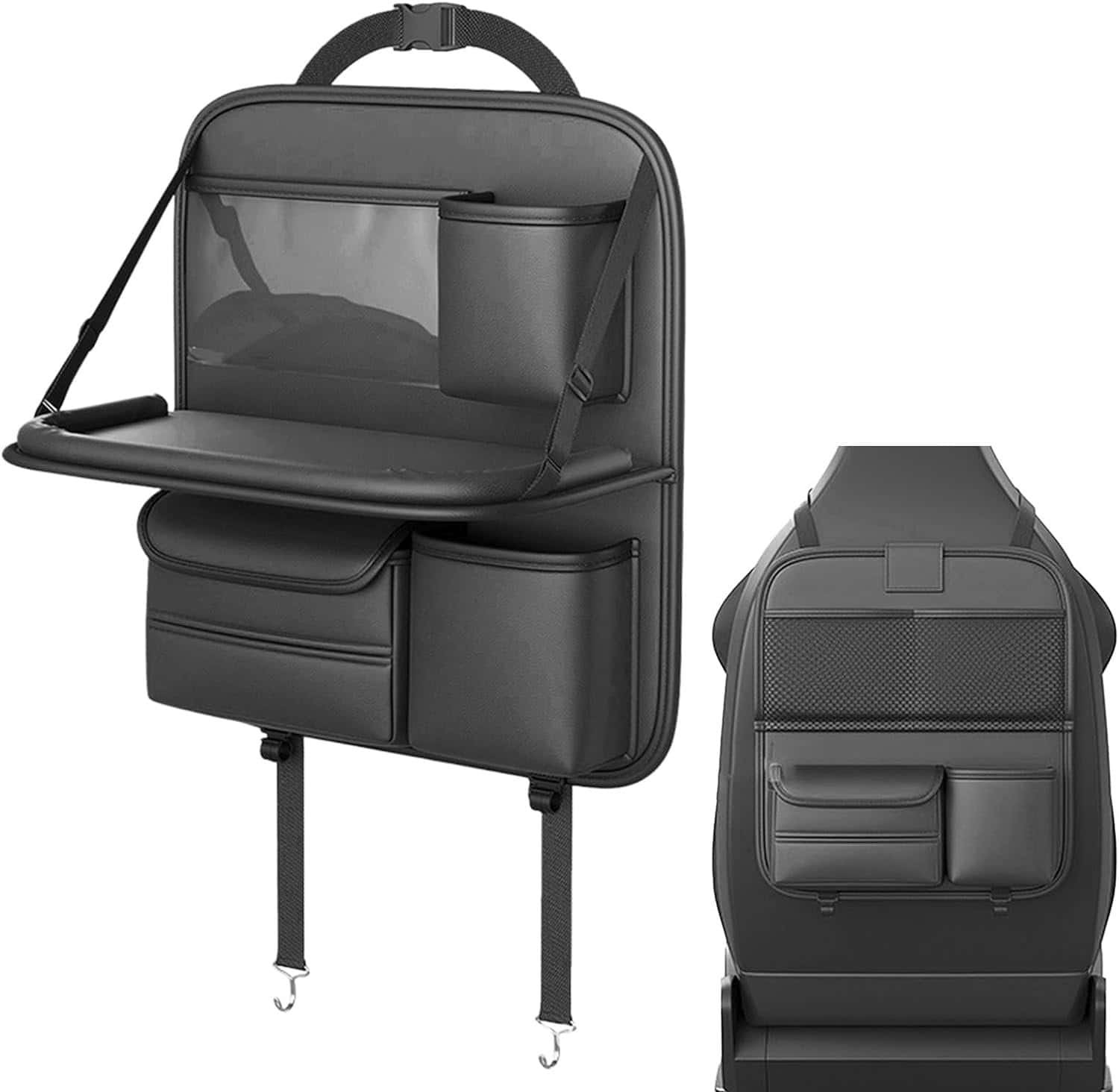 Black leather back seat organizer with cup holder, tray table, and storage pockets.