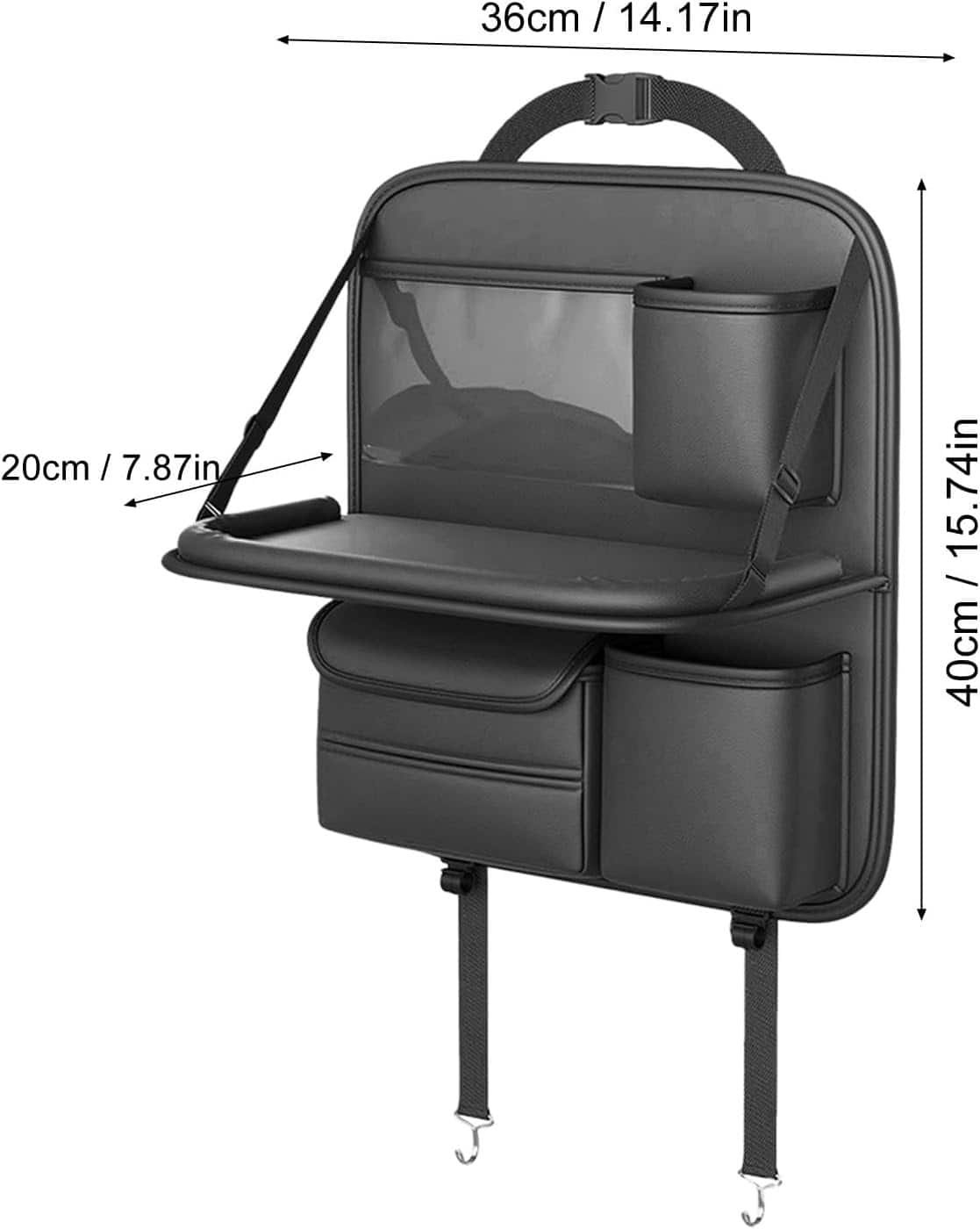 Black leather back seat organizer with cup holder, tray table, and storage pockets.
