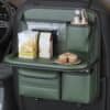 Car back seat organizer with foldable tray holding tablet and drinks – ideal for long drives.