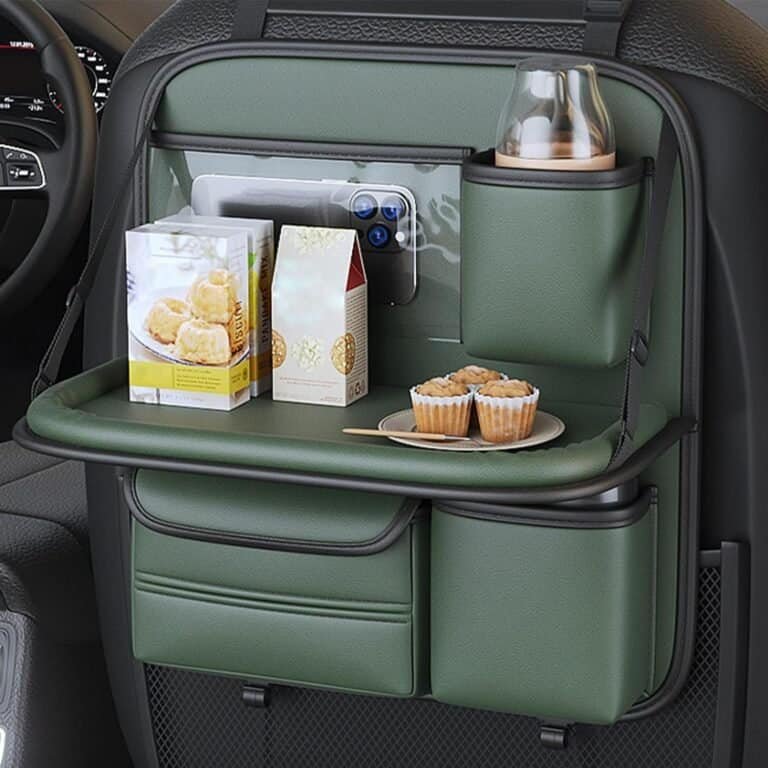 Car back seat organizer with foldable tray holding tablet and drinks – ideal for long drives.