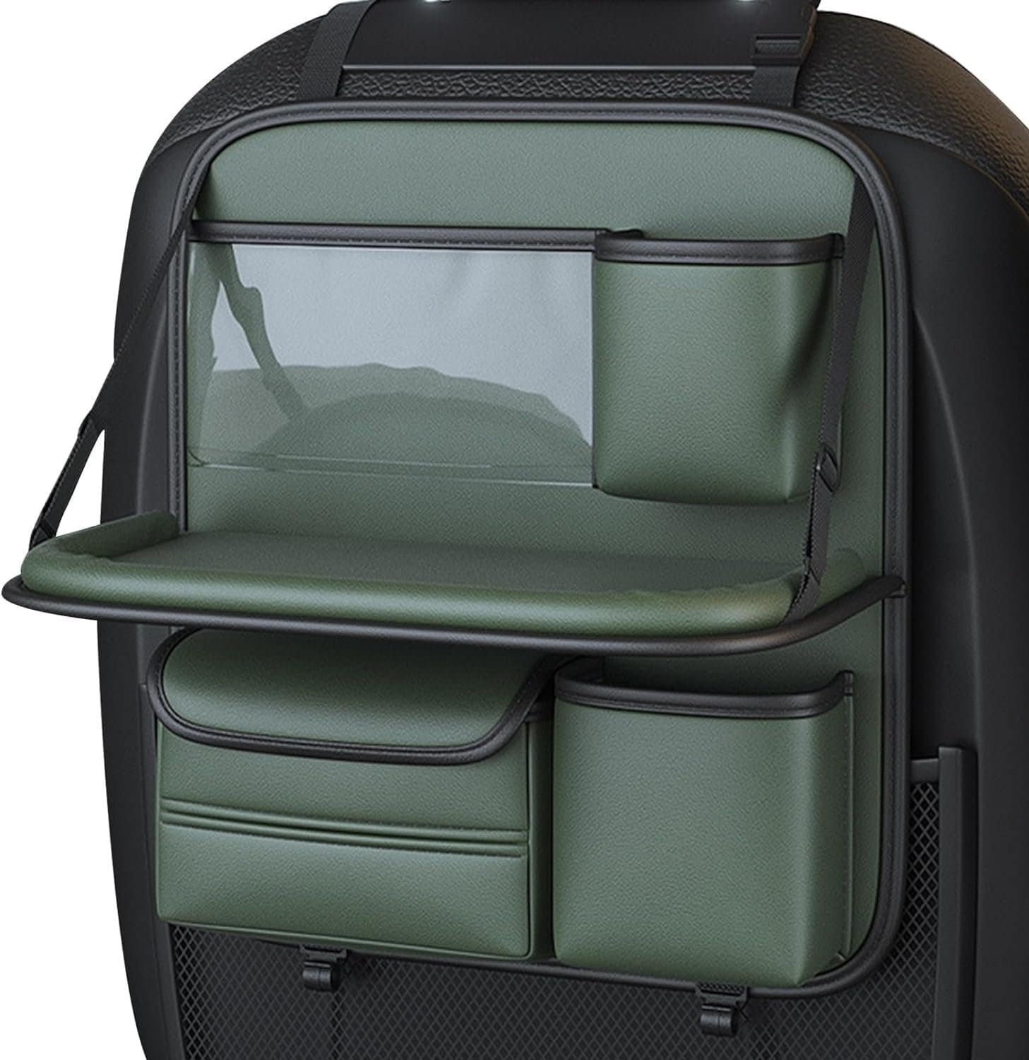 green leather back seat organizer with cup holder, tray table, and storage pockets.